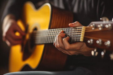 Obraz premium A close-up shot of hands playing an acoustic guitar, with the strings and neck in sharp focus against a soft-focus background. A cozy atmosphere.