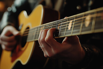 Obraz premium A close-up shot of hands playing an acoustic guitar, with the strings and neck in sharp focus against a soft-focus background. A cozy atmosphere.