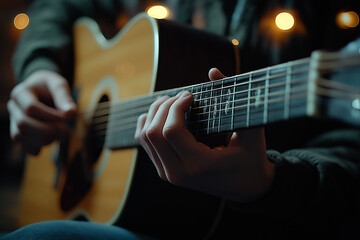 Fototapeta premium A close-up shot of hands playing an acoustic guitar, with the strings and neck in sharp focus against a soft-focus background. A cozy atmosphere.