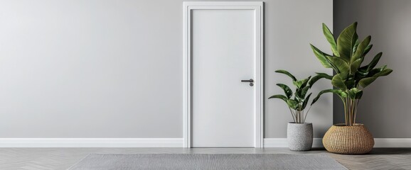 A minimalist interior featuring a white door and decorative plants against a gray wall.