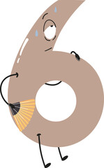 
Cartoon number 6 looking tired, holding a fan
