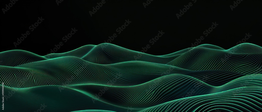 Poster abstract digital waves in green tones create a serene, flowing landscape effect.