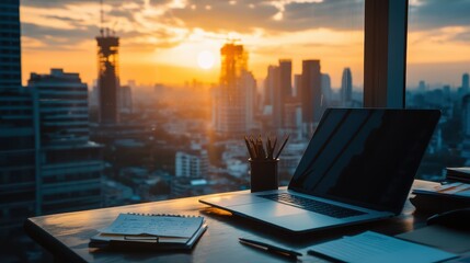 Serene Workspace With Laptop at Sunset in Urban Setting, Cityscape View with Skyscrapers and Warm Glow of Dusk, Ideal for Business and Inspiration Themes