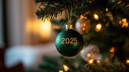 Christmas tree with four balls hanging on it with the inscription 2025. Abstract background of Christmas attributes with the next year number.