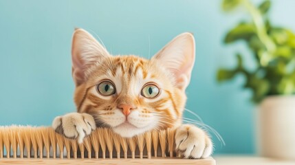 Playful orange tabby cat resting on a grooming brush