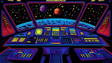 A vibrant, retro-styled spaceship cockpit with a cosmic view of planets and stars.