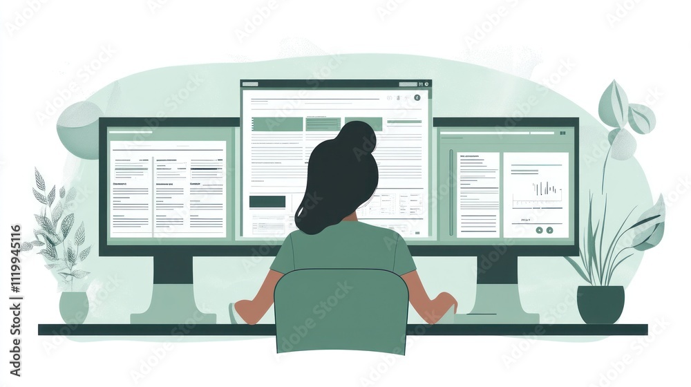 Poster A person working at a desk with multiple monitors, focused on digital tasks.