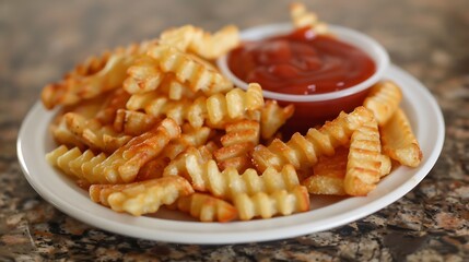 Unhealthy baked crinkle fresh fries with ketchup