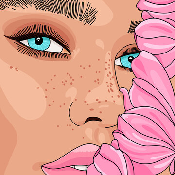 Wellness Beauty Hand-drawn Portrait Close-Up of a Captivating Freckled Woman with Blue Eyes, Flawless Skin and Delicate Pink Floral Frame. Vector Illustration Radiating Natural Beauty