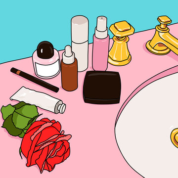 Skincare and beauty products on a pink vanity