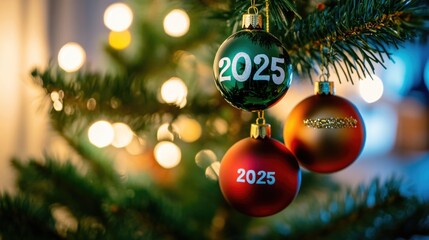 Christmas tree with four balls hanging on it with the inscription 2025. Abstract background of Christmas attributes with the next year number.