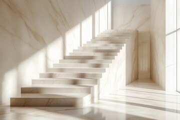 Elegant Minimalist Marble Staircase with Sunlit Shadows in Modern Architectural Interior Design