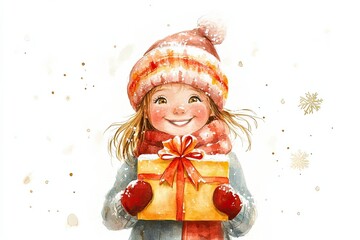 Happy Girl Holding Christmas Gift In Winter