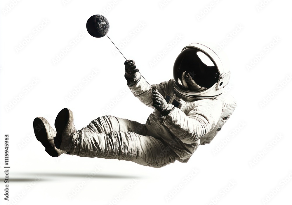 Poster an astronaut floating in space, holding a small model of the moon.