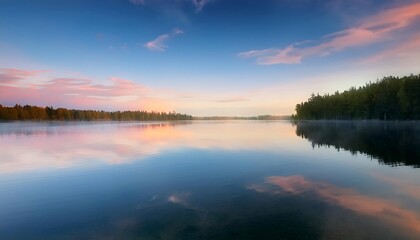 Serene lake at dawn with colorful reflections.
