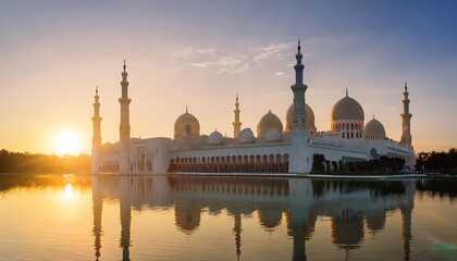 Obraz premium Mosque silhouette at sunset with reflection.