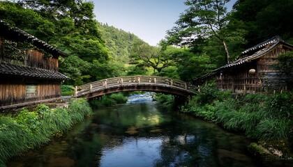 Fototapeta premium Serene bridge over a tranquil stream in nature.