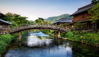 Fototapeta premium Tranquil bridge over a serene river in nature.