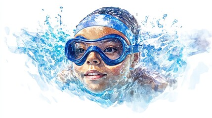 Fototapeta premium Young Swimmer Emerging From Water Wearing Goggles