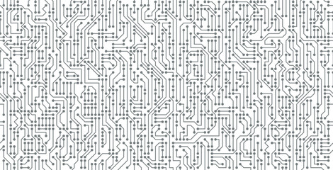 Seamless digital technology circuit on white background.