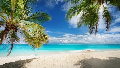 Obraz premium Tropical beach with palm trees and clear waters.