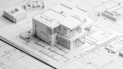 A detailed architectural model displayed on blueprints, showcasing modern design and structure, emphasizing precision and creativity in planning.