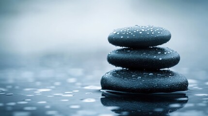 Tranquil Stack of Black Stones with Water Droplets on a Serene Surface for Wellness, Spa, and Meditation Concepts Featuring Calm and Peaceful Atmosphere
