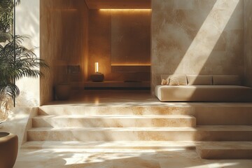 Sunlit Modern Minimalist Interior with Natural Stone and Soft Lighting in a Luxurious Living Space