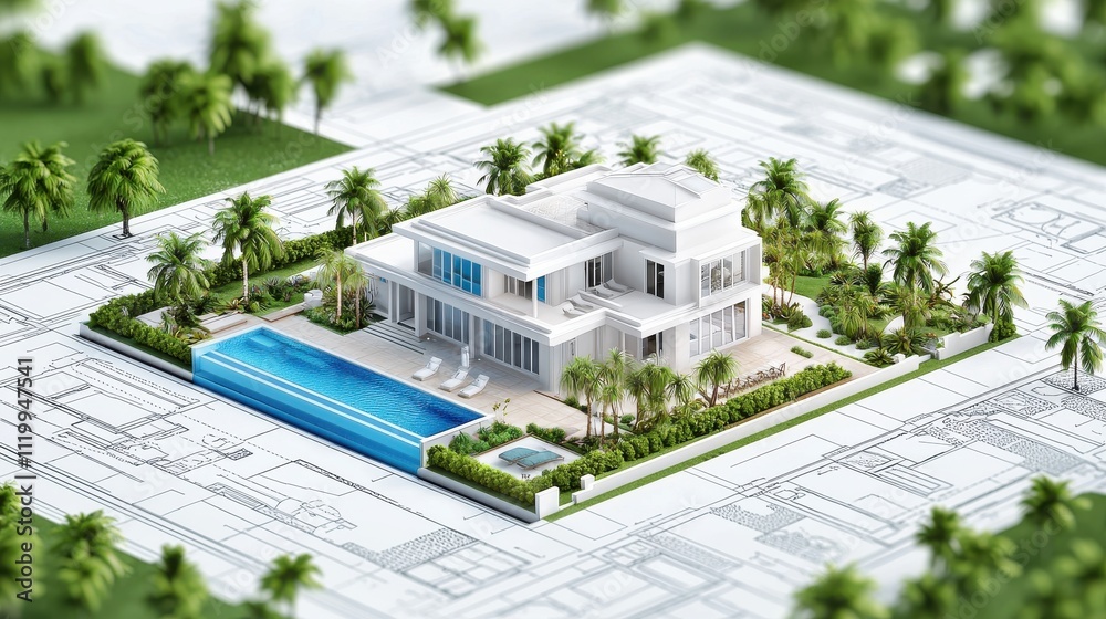 Poster 3D model of a luxurious home layout displayed on architectural blueprints, design featuring a pool, surrounded by lush greenery and laid out.