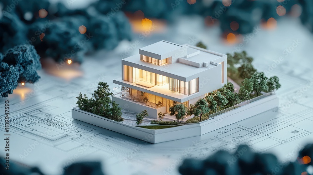 Aufkleber 3D model of a modern home layout displayed on architectural blueprints, illuminated and surrounded by greenery, set against a background of design plans.