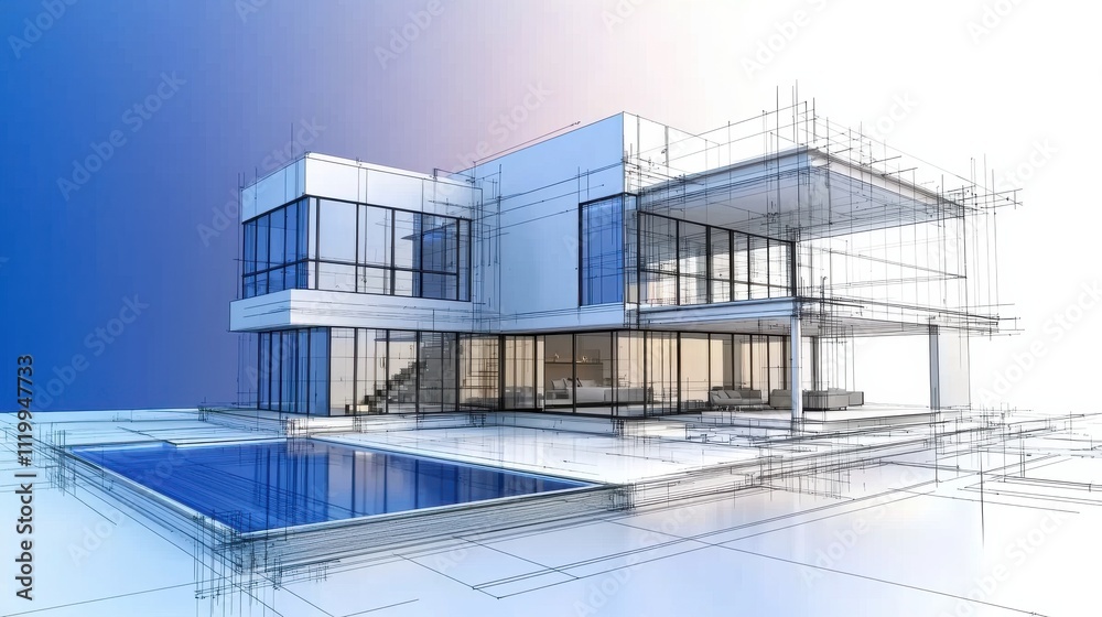 Poster A modern architectural design showcasing a house with a pool, presented in a blueprint style with clean lines and a minimalist aesthetic.