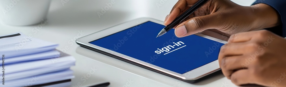 Poster A hand using a stylus on a tablet displaying a sign-in screen.