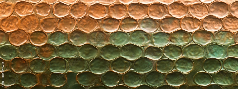 Poster close-up of textured scales with a gradient of copper and green hues.