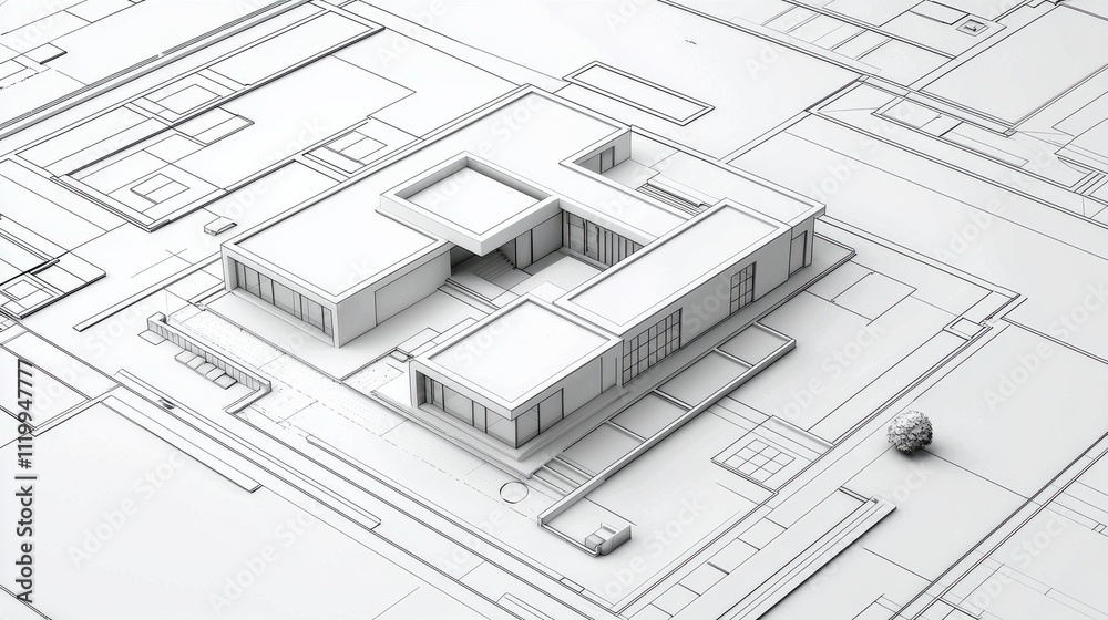 Aufkleber 3D model of a home layout displayed on architectural blueprints, A minimalist architectural model depicting a modern building layout with surrounding structures in a monochromatic design.