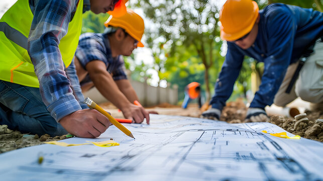 Construction workers reviewing blueprints outdoors.