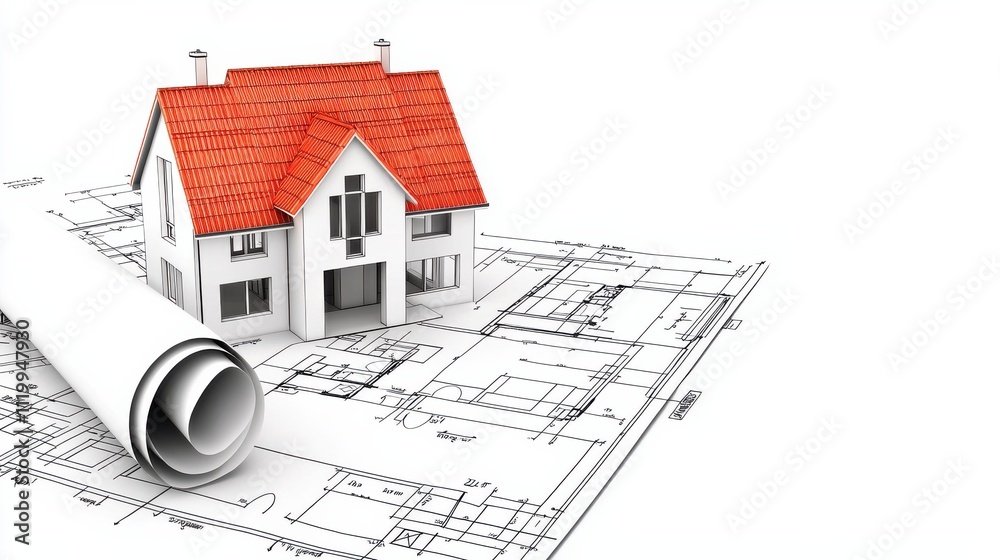 Poster 3d model of a modern home layout displayed on architectural blueprints, showcasing a detailed design
