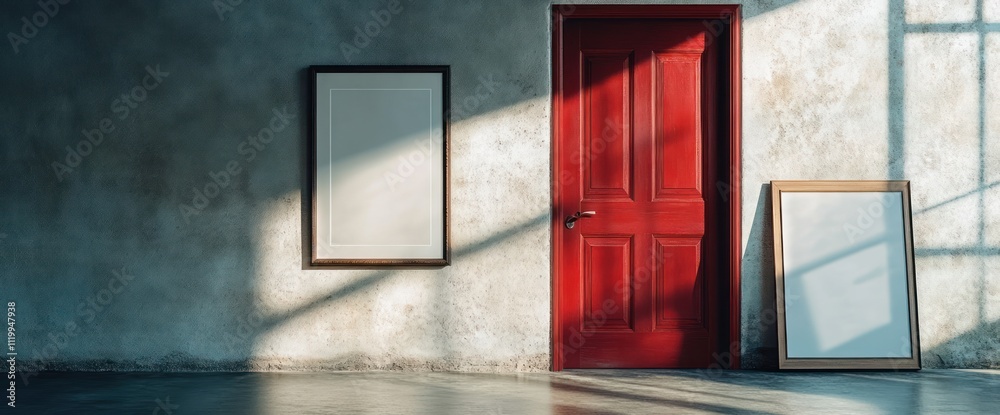 Poster a minimalist interior featuring a red door and empty frames against a textured wall.