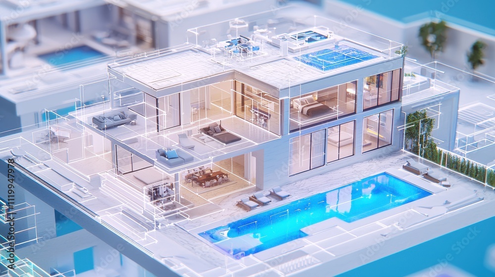 Poster a modern architectural model showcases a luxurious house with a swimming pool, emphasizing sleek des