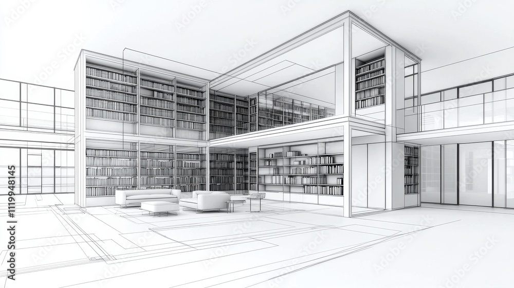 Poster A modern library interior design featuring open spaces, large bookshelves, and minimalist architecture in a monochrome style.