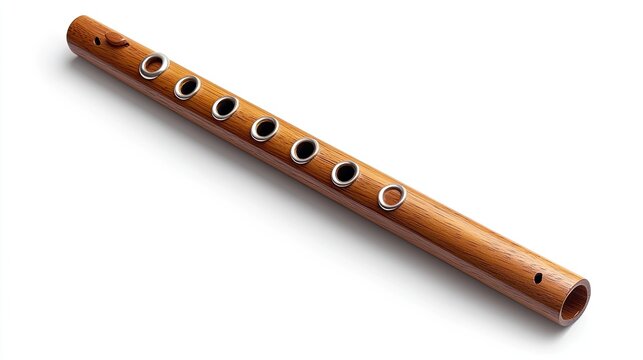 Wooden flute with six finger holes isolated on white background.