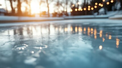 Obraz premium A frozen lake during sunrise, with reflections and bokeh lights in the background, capturing a moment of serene natural beauty and tranquility in a picturesque setting.