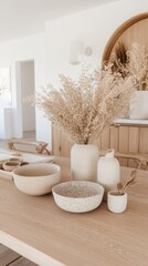 Ceramic bowls of different sizes and colors are showcased on an oak table, revealing artistic elements and a serene atmosphere