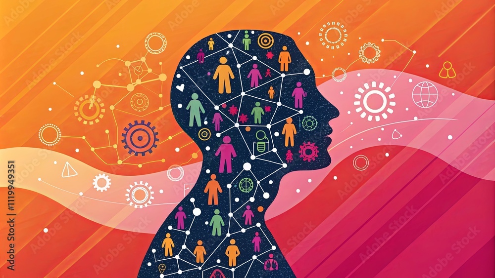 Poster a colorful drawing of a head with many people and gears surrounding it