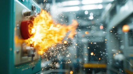 Close-up of an industrial explosion with intense fire and sparks in a manufacturing plant, highlighting the element of danger in an industrial environment.