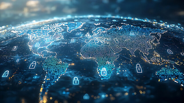 digital world map with glowing data points and security locks, symbolizing global cloud compliance and cybersecurity