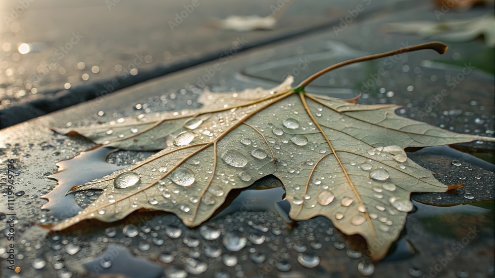 Poster a leaf with water droplets on it is on a surface