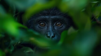 Obraz premium In the heart of a dense Central American rainforest, a mantled howler monkey peers through vibrant green leaves. Its captivating eyes reflect the wilderness surrounding it, showcasing nature's beauty