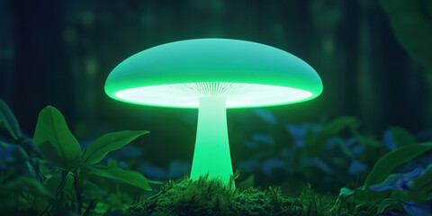 A glowing green mushroom emits a soft light in a dark, lush forest, creating a magical and enchanting atmosphere.
