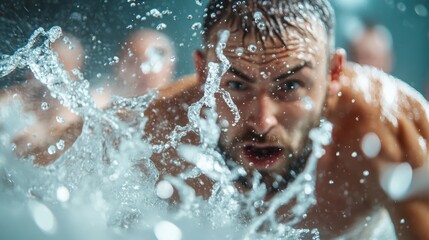 Fototapeta premium A muscular swimmer bursts through the water with intense focus and determination, capturing the raw power and energy of athletic performance and human perseverance.