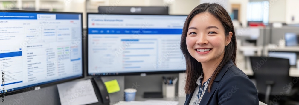 Leinwandbilder a smiling woman in an office setting with dual monitors displaying data and charts.